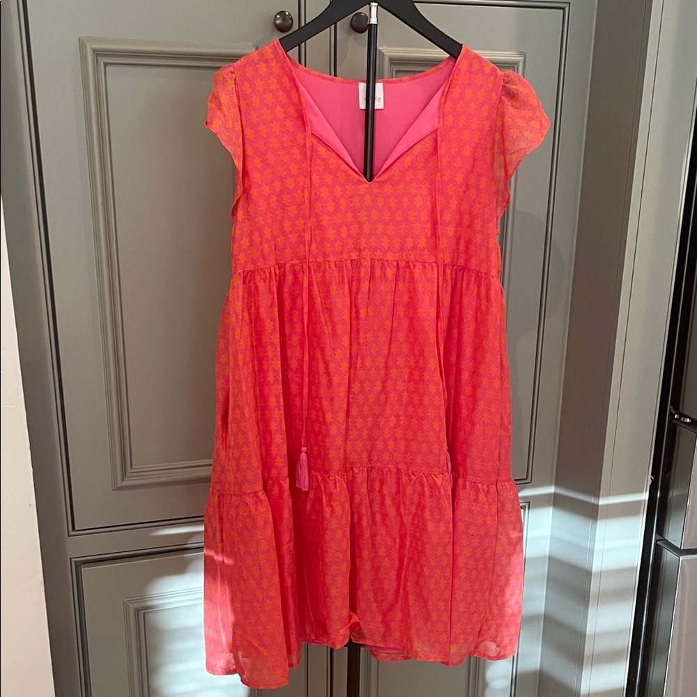 J. Marie Coral Pink Tiered Cottage Chic Dress Resort Preppy Style